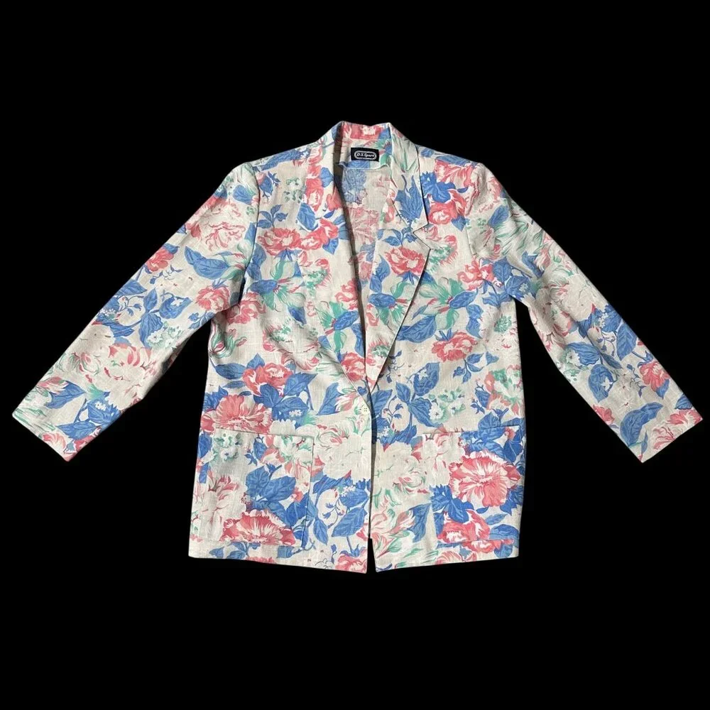 Vintage Floral Blazer 1980s Womens Jacket Pink Blue Shoulder Pads USA Size 18 - Picture 2 of 7